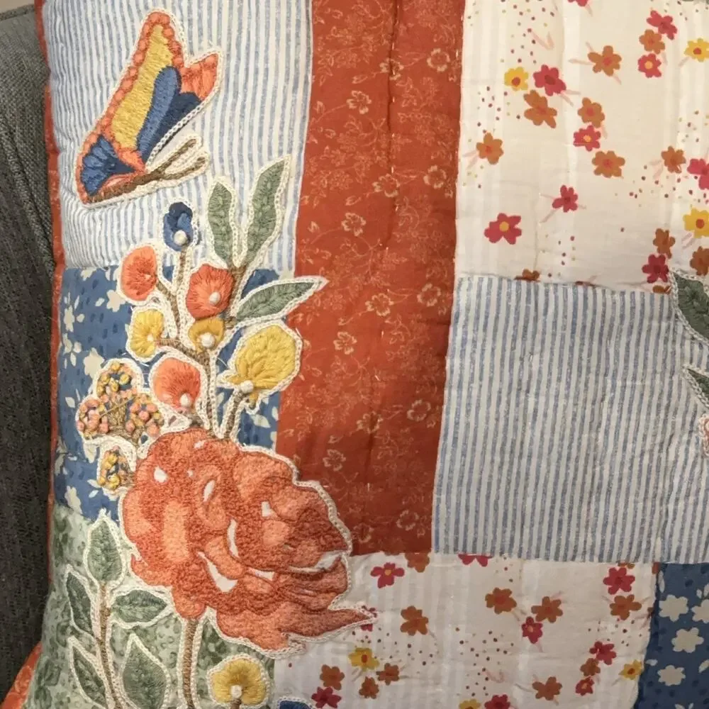 Throw Pillow Multicolor Floral Striped Embroidery Patchwork Cottage farmhouse